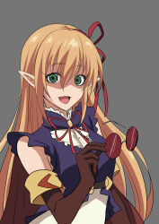 1girl absurdres arisa_(shadowverse) blonde_hair bow bowtie corruption cygames elbow_gloves elf glasses gloves green_eyes grey_background hair_ribbon highres holding holding_removed_eyewear iceschillendrig long_hair looking_at_viewer open_mouth pointy_ears possessed possession red-framed_eyewear ribbon round_eyewear shadowverse smile spoilers unworn_eyewear wa_muhamu