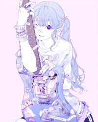  1girl absurdres akira_13go bandaid bandaid_on_face bandaid_on_hand bandaid_on_nose black_eyes black_shorts blue_hair bow bracelet bright_pupils cassette_tape colored_skin diamond_(gemstone) electric_guitar english_text fender_stratocaster frilled_bracelet guitar hair_bow hand_up highres holding holding_instrument instrument jewelry long_hair looking_at_viewer multicolored_nails one_eye_closed original parted_lips pink_background pink_bow pink_gemstone pink_nails purple_nails ring shirt shorts signature simple_background solo sticker t-shirt twintails white_pupils white_shirt white_skin 