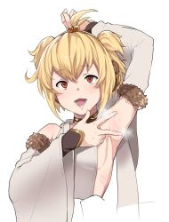  1girl ahoge andira_(granblue_fantasy) animal_ears arm_behind_head arm_up armpit_focus armpits blonde_hair brown_eyes choker detached_sleeves earclip erune fur_trim granblue_fantasy hair_between_eyes hair_ornament hairband monkey_ears monkey_girl open_mouth simple_background solo steam two_side_up v white_background wide_sleeves yozo_(stanky)  rating:Questionable score:38 user:tw3300