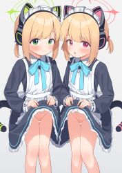  2girls absurdres animal_ear_headphones animal_ears apron black_dress blonde_hair blue_archive blush cat_tail censored closed_mouth dress fake_animal_ears feet_out_of_frame green_eyes green_halo grey_background halo headphones heart heart_censor highres loli long_sleeves looking_at_viewer maid maid_headdress matanukinuki midori_(blue_archive) midori_(maid)_(blue_archive) momoi_(blue_archive) momoi_(maid)_(blue_archive) multiple_girls no_panties open_mouth pink_halo pussy red_eyes short_hair siblings simple_background sisters smile tail twins white_apron  rating:Explicit score:16 user:danbooru