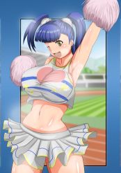  1girl arm_up armpits breasts brown_eyes cheerleader chuiru choujuushin_gravion highres huge_breasts large_breasts midriff navel one_eye_closed open_mouth purple_hair skirt smile solo tagme twintails  rating:Sensitive score:6 user:229azarashi