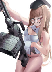  1girl absurdres beret bikini black_bikini black_hat blunt_bangs breasts brown_eyes brown_hair check_weapon china_dress chinese_clothes clothes_lift commentary commission dress dress_lift english_commentary expressionless girls&#039;_frontline glasses gun hat highres holding holding_gun holding_weapon long_hair looking_at_viewer machine_gun nine_(kanine41) pkp_pecheneg round_eyewear sidelocks simple_background small_breasts solo swimsuit type_80_(girls&#039;_frontline) very_long_hair weapon white_background 