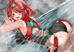  1girl ass back_cutout blush breasts clothing_cutout fellatio_gesture fingernails from_behind heart highres large_breasts leaning_forward looking_at_viewer looking_back motion_lines nintendo nude partially_submerged pyra_(pro_swimmer)_(xenoblade) pyra_(xenoblade) red_eyes red_hair rock rynn_(darknescorez) short_hair solo swimsuit tongue tongue_out water wet xenoblade_chronicles_(series) xenoblade_chronicles_2 