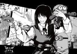  1girl 2others artist_name belt black_border black_footwear black_hair black_ribbon border chainsaw_man city cityscape clenched_teeth collared_shirt commentary creature creature_on_shoulder cross_scar crossover despicable_me dress english_commentary facial_scar fourth_east_high_school_uniform glaring goggles greyscale gun highres holding holding_gun holding_weapon long_hair minion_(despicable_me) minions_(movie) monochrome multiple_others naked_overalls neck_ribbon ocean_man_(artist) on_shoulder overalls pinafore_dress ribbon ringed_eyes scar scar_on_cheek scar_on_face school_uniform shirt sketch sleeveless sleeveless_dress smile teeth twitter_username weapon white_shirt white_sleeves yoru_(chainsaw_man) 