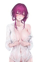  1girl absurdres blush breasts breasts_apart collarbone covered_erect_nipples drop_earrings earrings hair_between_eyes highres honkai:_star_rail honkai_(series) jewelry kafka_(honkai:_star_rail) large_breasts light_blush long_hair looking_at_viewer naked_shirt navel off_shoulder open_mouth out-of-frame_censoring partially_unbuttoned pearl_earrings purple_eyes purple_hair shirt shirt_slip simple_background single_bare_shoulder single_earring solo unbuttoning undressing upper_body wet wet_clothes wet_shirt white_background white_shirt yamiiv  rating:Questionable score:45 user:danbooru