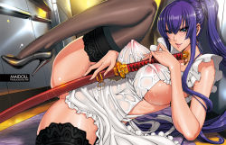  1girl apron blue_eyes breasts busujima_saeko censored convenient_censoring covered_erect_nipples crotch_rub fei_(maidoll) female_masturbation flexible high_heels highschool_of_the_dead huge_breasts impossible_clothes impossible_shirt katana kitchen large_breasts leg_up legs long_hair masturbation naked_apron nipples ponytail purple_hair pussy_juice see-through shirt shoes sideboob sidelocks smile solo spread_legs sweat sword thighhighs weapon wet wet_clothes  rating:Explicit score:306 user:danbooru