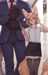  1boy 1girl adjusting_eyewear adjusting_sleeves aftersex animal_ears belt biting_own_lip black_thighhighs blonde_hair blurry blurry_background blush braid collarbone commentary cum cum_on_legs cum_overflow cumdrip earrings einar_(personal_ami) english_commentary flat_chest formal fox_ears fox_tail fucked_silly garter_straps height_difference highres jewelry khiara_(personal_ami) looking_at_another necklace necktie office_lady original pencil_skirt personal_ami rolling_eyes secretary shirt signature size_difference skirt suit tail thighhighs twin_braids white_shirt  rating:Explicit score:131 user:danbooru