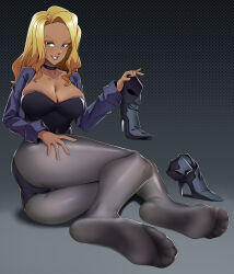  1girl absurdres ass black_canary blonde_hair blue_eyes boots unworn_boots breasts cleavage dark_skin dc_comics feet grin hand_on_own_thigh highres jacket large_breasts leotard long_hair looking_at_viewer pantyhose shoes unworn_shoes smile soles toes tsa  rating:Sensitive score:20 user:ssfl