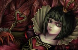  1girl alice:_madness_returns alice_(alice_in_wonderland) alice_in_wonderland american_mcgee&#039;s_alice american_mcgee's_alice black_hair crown dress elizabeth_liddell female_focus fingernails green_eyes green_hair long_fingernails matching_hair/eyes mysteriousyui pale_skin queen_of_hearts_(alice_in_wonderland) short_hair solo wand 