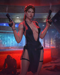 1girl 2others belt black_belt black_dress breasts brown_eyes brown_hair cleavage dalejomej dress dual_wielding gun handgun highres holding holding_gun holding_weapon indoors jewelry lara_croft long_hair looking_to_the_side medium_breasts multiple_others necklace signature sleeveless sleeveless_dress smoke smoking_barrel solo_focus tomb_raider weapon