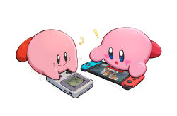  2others blue_eyes blush_stickers dual_persona game_boy gonzarez handheld_game_console highres king_dedede kirby kirby_(series) kirby_and_the_forgotten_land multiple_others nintendo nintendo_switch sweatdrop 