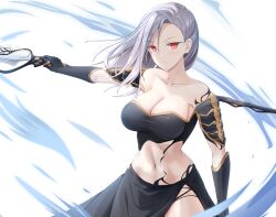  absurdres armor black_gloves black_skirt blue_fire breasts cleavage commission fire gloves grey_hair highres keenh large_breasts original polearm red_eyes shadow shoulder_armor skirt stomach thighs weapon  rating:General score:8 user:LyingProphet