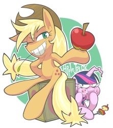  apple applejack character_name food fruit gashi-gashi holding holding_food holding_fruit horns long_hair low-tied_long_hair my_little_pony my_little_pony:_friendship_is_magic no_humans one_eye_closed single_horn sitting twilight_sparkle wink  rating:Sensitive score:28 user:danbooru