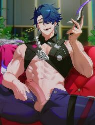  1boy abs blue_hair chariko couch english_text green_eyes hair_over_one_eye honkai:_star_rail honkai_(series) indoors looking_at_viewer male_focus muscular muscular_male navel open_mouth penis sampo_koski sitting solo teeth testicles tongue  rating:Explicit score:22 user:danbooru