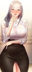  1girl black_hair black_skirt blush closed_mouth hand_up highres long_hair looking_at_viewer shirt skirt smile solo stepmother_friends white_shirt yumi_(stepmother_friends)  rating:Sensitive score:2 user:Gox