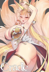 1girl animal_ear_fluff animal_ears armpits arms_up ass blonde_hair blunt_bangs blush breasts china_dress chinese_clothes cleavage dress fang floral_print fox_ears fox_girl fox_tail hair_bun hair_ornament highres huge_breasts kitsune large_tail long_hair looking_at_viewer mole mole_on_ass mole_under_eye multiple_tails no_panties open_mouth original red_eyes revealing_clothes single_hair_bun smile solo suerte tail thigh_strap rating:Sensitive score:129 user:danbooru