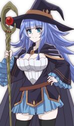  1girl black_hat black_robe black_thighhighs blue_eyes blue_hair blue_skirt breasts charlotte_wraith cleavage closed_mouth dress eyebrows_hidden_by_hair feet_out_of_frame grey_background hand_on_own_hip hat holding holding_staff large_breasts long_hair looking_ahead mage_staff onomekaman robe simple_background skindentation skirt smile solo staff tensei_kizoku_kantei_skill_de_nariagaru thighhighs very_long_hair white_dress witch_hat 
