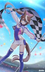  1girl absurdres animal_ears artist_name blue_eyes blue_leotard blue_sky blue_thighhighs blurry boots brown_hair checkered_flag cloud cropped_jacket day depth_of_field feet_out_of_frame flag grin highres horse_ears horse_girl horse_tail jacket leotard long_hair long_sleeves miniskirt multicolored_hair multicolored_leotard outdoors outstretched_arms ponytail race_queen shrug_(clothing) skirt sky smile solo streaked_hair tail thigh_boots thighhighs tokai_teio_(umamusume) two-tone_hair ugohato umamusume white_hair white_jacket white_skirt 