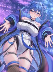  absurdres blue_eyes blue_hair breasts chest_belt double_bun duel_monster evil_twin_lil-la hair_bun highres jacket large_breasts lil-la_(yu-gi-oh!) looking_at_viewer neko_punch_(user_hddm3373) official_alternate_costume open_clothes outstretched_arms short_hair smile spread_arms thighhighs yu-gi-oh! 