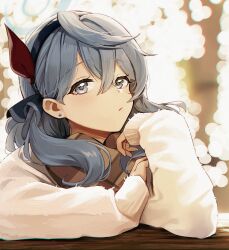  1girl ako_(blue_archive) arm_rest blue_archive blue_hair blurry bokeh depth_of_field earrings fur_jacket halo highres jacket jewelry letterboxed looking_at_viewer picter solo stud_earrings 