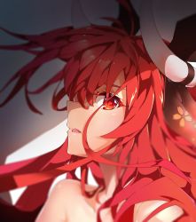 1girl absurdres bad_id bad_pixiv_id bare_shoulders commentary_request date_a_live from_side hair_ribbon highres horns itsuka_kotori long_hair open_mouth portrait red_eyes red_hair ribbon solo yushe_quetzalli rating:Sensitive score:8 user:danbooru