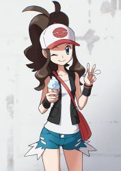 1girl bad_id bad_twitter_id bag baseball_cap black_vest black_wristband blue_eyes brown_hair closed_mouth collarbone commentary_request cowboy_shot creatures_(company) eyelashes food game_freak grey_background hands_up hat high_ponytail highres hilda_(pokemon) holding ice_cream long_hair looking_at_viewer nintendo one_eye_closed pokemon pokemon_bw red_bag shirt short_shorts shorts shoulder_bag sidelocks smile solo two-tone_headwear vest white_shirt yoshi_(moco1)  rating:Sensitive score:28 user:danbooru