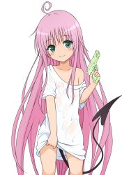  10s 1girl aged_down ahoge clothes_lift demon_tail flat_chest green_eyes gun highres lala_satalin_deviluke loli long_hair nipples pink_hair see-through shirt shirt_lift smile solo tail to_love-ru to_love-ru_darkness transparent transparent_background very_long_hair weapon wet wet_clothes wet_shirt  rating:Questionable score:58 user:Amdx1