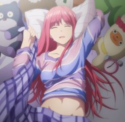  1girl alarm_clock blanket_grab breasts clock closed_eyes eyebrows_hidden_by_hair from_above go-toubun_no_hanayome highres long_hair long_sleeves lying medium_breasts midriff midriff_peek nakano_nino navel on_back on_bed open_mouth pajamas pillow pillow_grab red_hair saliva screencap sleeping solo stitched stuffed_animal stuffed_toy third-party_edit very_long_hair  rating:Questionable score:67 user:Zurreak