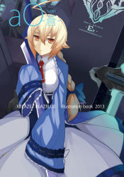  1girl ahoge bad_id bad_pixiv_id blazblue blonde_hair blue_bow bow braid breasts center_frills copyright_name corset cowboy_shot dress es_(xblaze) frilled_sleeves frills gradient_hair hair_bow hands_in_opposite_sleeves holding holding_sword holding_weapon long_hair long_sleeves looking_at_viewer masa_(geminiblog) medium_breasts multicolored_hair necktie hugging_object orange_eyes orange_hair parted_lips red_necktie single_braid solo standing sword weapon white_dress wide_sleeves xblaze xblaze_code:_embryo 