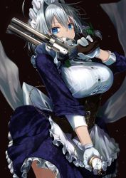  1girl alternate_costume apron back_bow black_background blue_dress blue_eyes blue_rose_(gun) bow braid breasts buttons chain commentary covered_mouth cowboy_shot devil_may_cry_(series) devil_may_cry_5 dress floral_print frilled_dress frills gloves gold_chain green_bow green_ribbon greenkohgen gun hair_between_eyes hair_bow hair_intakes hair_ribbon handgun highres holding holding_gun holding_weapon izayoi_sakuya large_breasts long_sleeves looking_at_viewer maid maid_apron maid_headdress medium_hair pocket_watch revolver ribbon rose_print simple_background sleeve_cuffs solo standing touhou tress_ribbon trigger_discipline twin_braids watch weapon white_bow white_gloves white_hair 