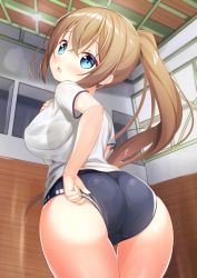 1girl adjusting_buruma adjusting_clothes ass blue_buruma blue_eyes blush breasts brown_hair buruma commission from_behind gym gym_uniform hand_on_own_chest indoors long_hair looking_back open_mouth original pixiv_commission ponytail shirt short_sleeves sideboob solo sweat thigh_gap thighs to_kifa wet wet_clothes wet_shirt white_shirt rating:Sensitive score:51 user:danbooru