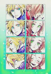  ! 1boy 1girl aerith_gainsborough aqua_eyes ashinamaturi blonde_hair blue_shirt blush border brown_hair choker clenched_teeth close-up closed_eyes cloud_strife earrings final_fantasy final_fantasy_vii final_fantasy_vii_remake green_background green_eyes hair_between_eyes hair_pulled_back hair_ribbon jacket jewelry laughing long_hair looking_at_another looking_away musical_note open_mouth parted_bangs profile red_jacket ribbon ribbon_choker sequential shirt short_hair sidelocks single_earring smile spiked_hair sweatdrop teeth turtleneck upper_teeth_only wide-eyed 