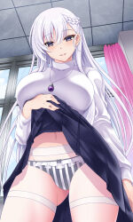  1girl absurdres alternate_costume azur_lane belfast_(azur_lane) breasts clothes_lift highres jewelry large_breasts lifting_own_clothes long_hair looking_at_viewer necklace panties panties_under_pantyhose pantyhose pendant purple_hair shirt skirt skirt_lift smile sogegin striped_clothes striped_panties turtleneck turtleneck_shirt underwear vertical-striped_clothes vertical-striped_panties white_hair white_pantyhose 