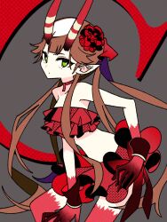 1girl bare_shoulders breasts brown_hair c_(control) choker closed_mouth cowboy_shot crop_top flower frilled_skirt frilled_tube_top frills green_eyes grey_background hair_flower hair_ornament halftone horns long_hair looking_at_viewer machigami_yoh mashu_(control) midriff miniskirt pointy_ears red_flower red_horns red_skirt skirt small_breasts solo strapless tube_top very_long_hair