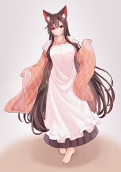  1girl alternate_costume animal_ear_fluff animal_ears apron barefoot black_skirt blush breasts brown_hair closed_mouth commentary_request full_body hashi2387 highres imaizumi_kagerou japanese_clothes kimono large_breasts long_hair long_skirt long_sleeves looking_at_viewer medium_bangs pink_kimono red_eyes sidelocks skirt smile solo tail touhou very_long_hair walking white_apron wide_sleeves wolf_ears wolf_tail yagasuri 
