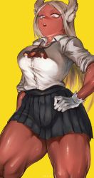  1girl absurdres animal_ear_fluff animal_ears arm_at_side black_skirt boku_no_hero_academia breasts collared_shirt commentary_request cowboy_shot dark-skinned_female dark_skin dress_shirt gloves hand_on_own_hip highres ibuo_(ibukht1015) large_breasts long_hair looking_down mirko muscular muscular_female neckerchief open_mouth parted_bangs pleated_skirt rabbit_ears rabbit_girl red_neckerchief round_teeth school_uniform shirt simple_background skirt solo standing teeth thick_thighs thighs upper_teeth_only white_gloves white_hair white_shirt wing_collar yellow_background  rating:Sensitive score:73 user:danbooru