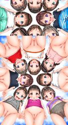  6+girls absurdres before_and_after blush breasts cameltoe censored cleft_of_venus close-up embarrassed fat_mons female_focus flat_chest from_below glasses higegepon highres huge_filesize loli looking_at_viewer mosaic_censoring multiple_girls naughty_face no_panties panties print_panties pussy see-through shorts small_breasts smile split_screen standing striped tagme thighs third-party_edit underwear upshorts v waving  rating:Explicit score:90 user:Wampo