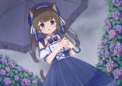  1girl absurdres animal_ears bad_id bad_pixiv_id beret blue_eyes blush bow brown_hair cat_ears cat_girl cat_tail dress flower hair_ribbon hat highres holding holding_umbrella hydrangea indie_virtual_youtuber itigori_ena looking_at_viewer mole mole_under_eye open_mouth outdoors rain ribbon solo tail twintails tyakomis umbrella virtual_youtuber 
