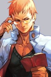  1boy adjusting_eyewear black_shirt book brown_eyes capcom closed_mouth glasses grey_background hand_up holding holding_book hungry_clicker jacket justice_gakuen kagami_kyousuke long_sleeves looking_down male_focus muscular open_book open_clothes open_jacket orange_hair reading shirt simple_background solo upper_body white_jacket 