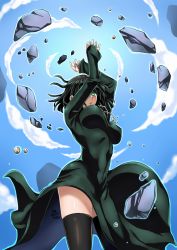  1girl black_hair breasts day dress fubuki_(one-punch_man) green_eyes highres jewelry large_breasts necklace one-punch_man outdoors solo thighhighs  rating:Questionable score:27 user:YuukoLover