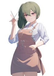  1girl absurdres apron breasts cowboy_shot green_hair grin highres holding holding_scissors looking_at_viewer medium_breasts pige_pig purple_eyes scissors side_ponytail simple_background smile solo sousou_no_frieren ubel_(sousou_no_frieren) white_background 