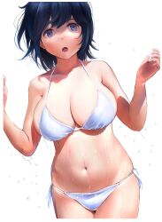  1girl bikini blue_eyes blue_hair breasts cleavage commentary_request dark_blue_hair halterneck highres kantai_collection large_breasts navel open_mouth short_hair side-tie_bikini_bottom solo souryuu_(kancolle) swimsuit wa_(genryusui) wet white_background white_bikini 