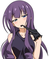  1girl absurdres anitore!_ex bare_shoulders blue_eyes blush gloves heterochromia highres long_hair looking_at_viewer purple_hair solo tachibana_shion transparent_background upper_body  rating:Sensitive score:24 user:killer_death