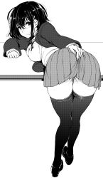 1girl absurdres ass bent_over blazer closed_mouth greyscale hair_between_eyes hair_ornament hairclip highres hoshizuki_suzu jacket kaede_to_suzu kyokucho loafers looking_at_viewer love_me monochrome open_clothes open_jacket original school_uniform shirt shoes short_hair sidelocks solo standing thighhighs thighs zettai_ryouiki rating:Sensitive score:159 user:danbooru