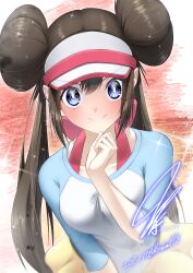  1girl absurdres blue_eyes blush breasts bright_pupils brown_hair closed_mouth commentary_request creatures_(company) dated double_bun game_freak hair_bun hand_up highres long_hair looking_at_viewer mitsukuma448 nintendo pokemon pokemon_bw2 raglan_sleeves rosa_(pokemon) shirt shorts signature smile solo sparkle twintails upper_body visor_cap white_pupils yellow_shorts 