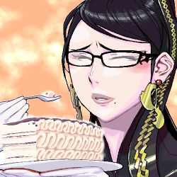 1girl aliasing bayonetta bayonetta_(series) bayonetta_1 black_hair blush cake chain closed_eyes earrings eating food foodgasm fork glasses gloves happy ice_cream jewelry lips long_hair lowres matagitii mole mole_under_mouth parted_lips plate portrait pun solo spoon viennetta white_gloves 