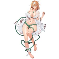  1girl :o aqua_eyes arm_under_breasts bandaged_ankle barefoot between_breasts black_nails blonde_hair blood blood_on_breasts blood_on_clothes blood_on_leg bloody_tears blush breasts cleavage collarbone entangled fake_blood feet fingernails frost_serpent_(last_origin) full_body ghost_costume hair_intakes halloween halloween_costume highres hose huge_breasts injury japanese_clothes kimono knees_together_feet_apart last_origin leg_up legs linea_alba looking_at_viewer loose_bandages nail_polish naked_kimono navel official_alternate_costume official_art open_clothes open_kimono open_mouth see-through_kimono sharp_fingernails shiroshouzoku short_hair short_kimono simple_background solo tachi-e third-party_source toenail_polish toenails toes torn_clothes torn_kimono transparent_background triangular_headpiece tunamayo_(dsasd751) water water_pump wet wet_clothes wet_kimono white_kimono wide_sleeves 