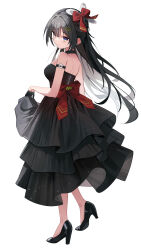  1girl absurdres armband armpit_crease back_bow badge bare_shoulders black_armband black_choker black_dress black_footwear black_gloves black_hair blush bow breasts butterfly_hair_ornament button_badge choker closed_mouth colored_inner_hair commentary_request dress firehippo floating_hair from_side full_body gloves grey_hair haedungi_(shirayuki_hina) hair_bow hair_intakes hair_ornament half_gloves half_updo head_tilt heart heart_hair_ornament high_heels highres layered_dress long_dress long_hair looking_at_viewer looking_back looking_to_the_side medium_breasts multicolored_hair purple_eyes red_bow ringed_eyes shirayuki_hina sidelocks sideways_glance simple_background skirt_hold smile solo standing stellive strapless strapless_dress thick_eyelashes turning_head very_long_hair virtual_youtuber white_background 