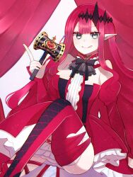  1girl baobhan_sith_(fate) baobhan_sith_(first_ascension)_(fate) blush boots breasts detached_sleeves dress fate/grand_order fate_(series) frilled_dress frills grey_eyes hair_ornament hammer hand_up knee_up long_hair pink_hair pointy_ears red_dress red_footwear shichimi_(pixiv_20961417) sidelocks smile solo thigh_boots tongue tongue_out 