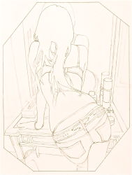 1girl arm_support artist_request ass denim from_behind highres jeans lineart lingerie long_hair mirror monochrome original pants solo tempo1983 underwear 
